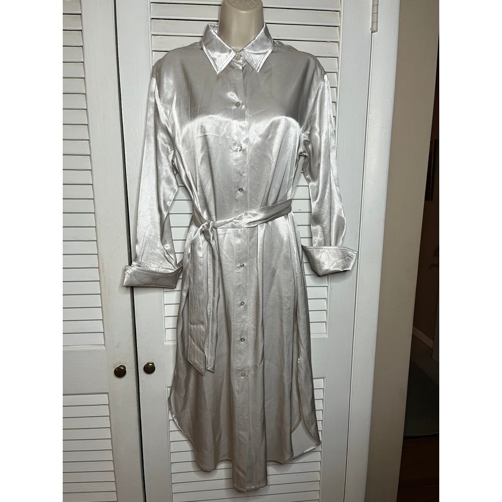 Vintage Little Lies Anthropologie silver belted maxi shirt dress M cuffed sleeve